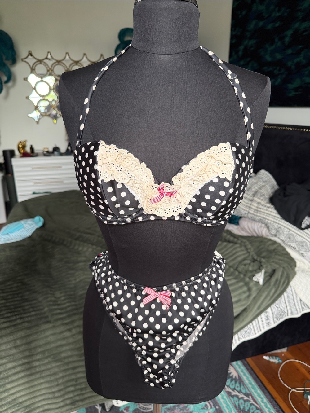 Agent Provocateur Black Polka Dot Lace Trim Set with Red Bows